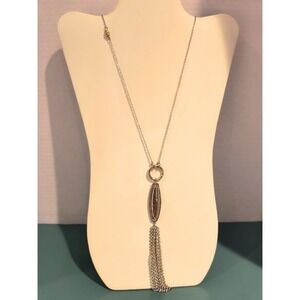Long Chain Necklace Oval Metal Framed Pendant‎ with Tassel Gold and Silver Tone